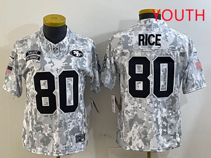 Youth San Francisco 49ers #80 Rice Nike Arctic Camo 2025 Salute to Service Limited NFL Jersey style 1->youth nfl jersey->Youth Jersey